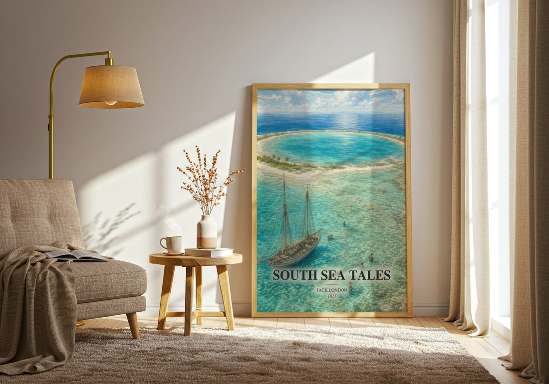 South Sea Tales watercolour print in frame leaning in hallway – adventure wall art (mockup)