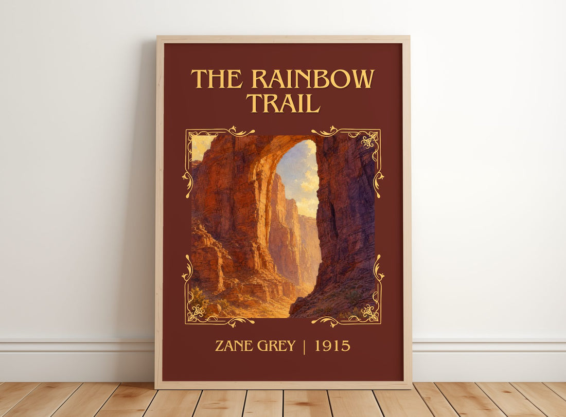 The Rainbow Trail Classic Book Art Print by Zane Grey – framed print leaning on a wooden floor
