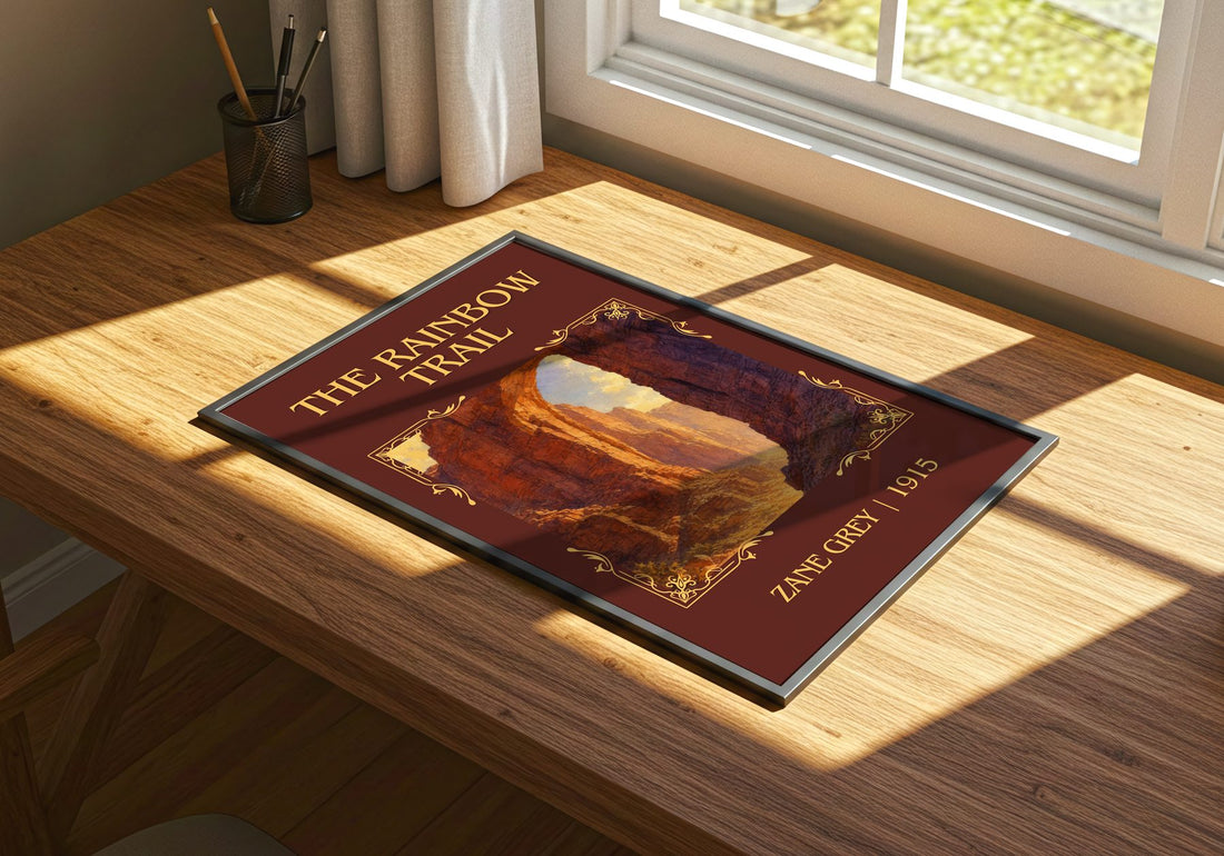 The Rainbow Trail Classic Book Art Print by Zane Grey – print on a sunlit desk