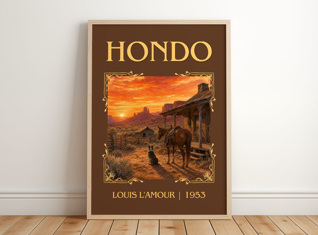 Hondo Classic Book Art Print by Louis L'Amour – framed print leaning on a wooden floor