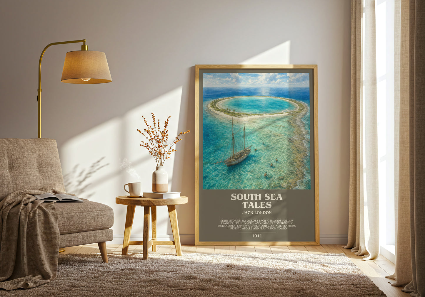 South Sea Tales bookish print on bookshelf – Jack London fan gift