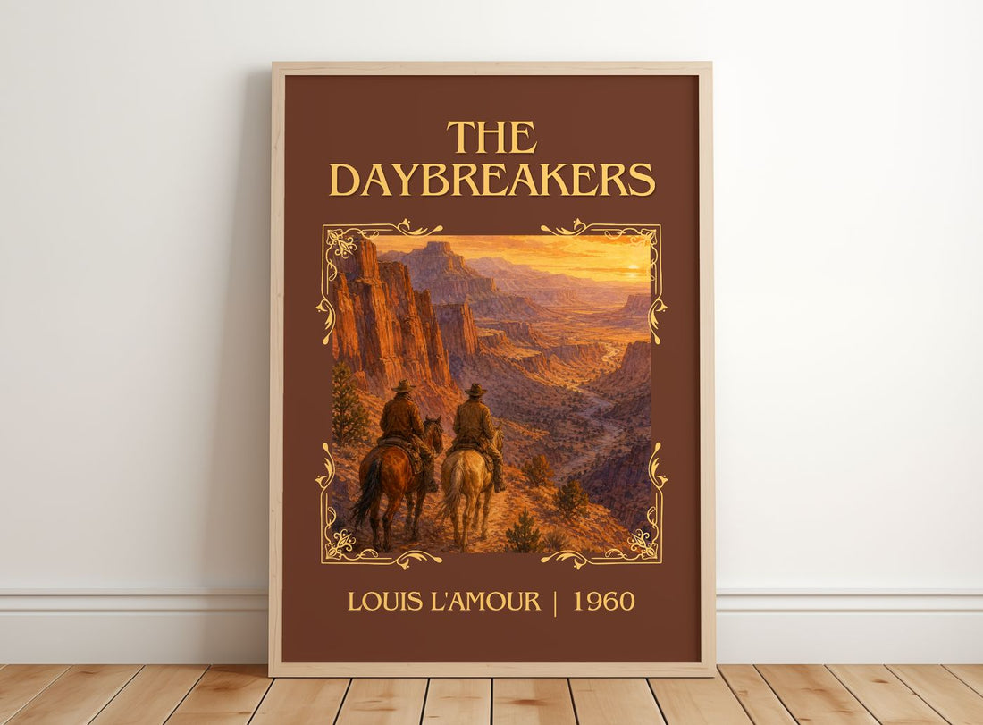 The Daybreakers Classic Book Art Print by Louis L'Amour – framed print leaning on a wooden floor