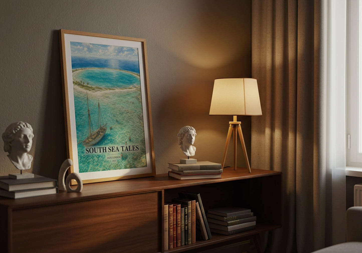 South Sea Tales watercolour print on bookshelf – Jack London fan gift