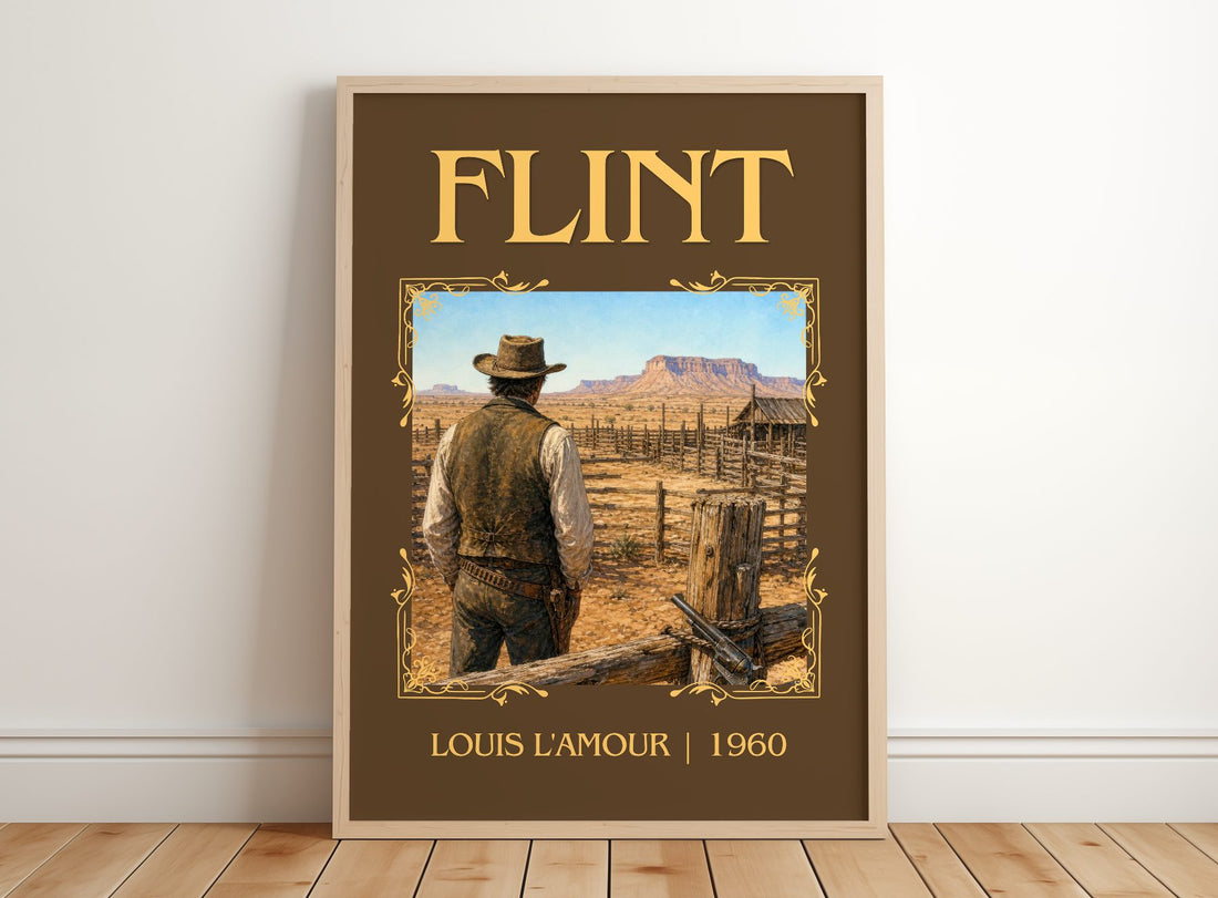 Flint Classic Book Art Print by Louis L'Amour – framed print leaning on a wooden floor