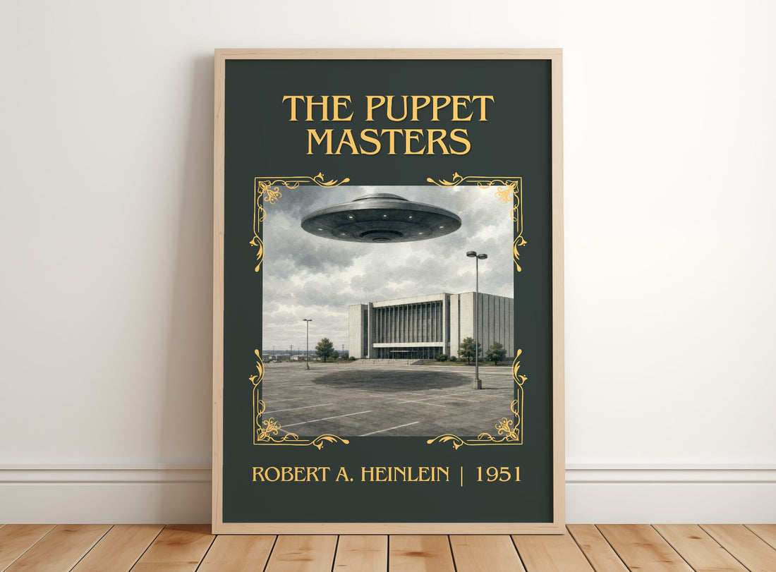 The Puppet Masters Classic Book Art Print by Robert A. Heinlein – framed print leaning on a wooden floor