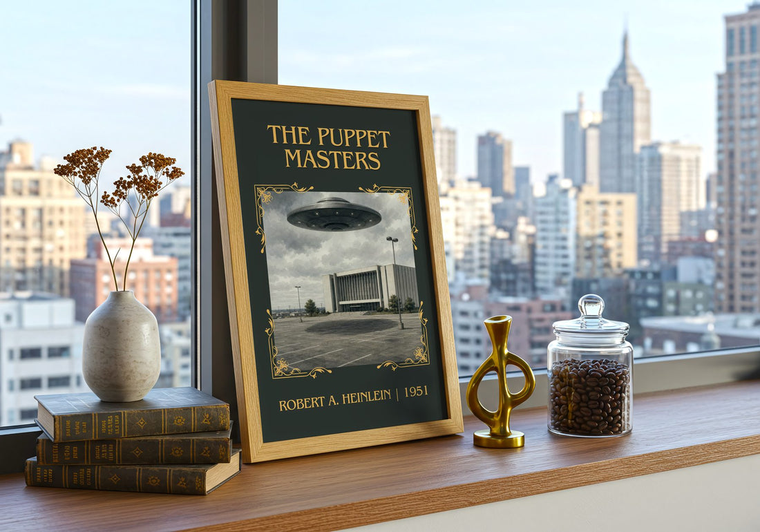 The Puppet Masters Classic Book Art Print by Robert A. Heinlein – framed print on a city-view windowsill