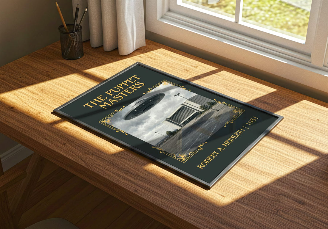 The Puppet Masters Classic Book Art Print by Robert A. Heinlein – print on a sunlit desk