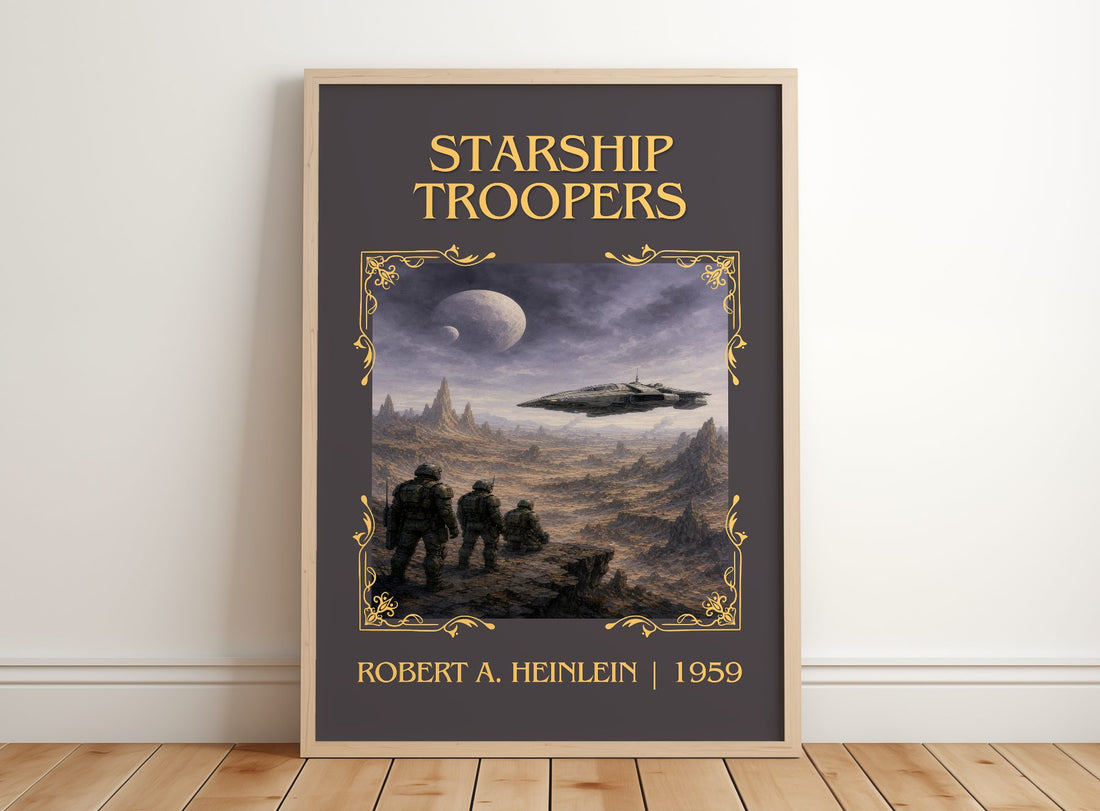 Starship Troopers Classic Book Art Print by Robert A. Heinlein – framed print leaning on a wooden floor