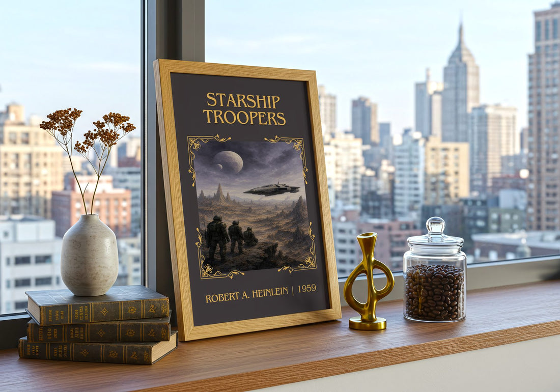Starship Troopers Classic Book Art Print by Robert A. Heinlein – framed print on a city-view windowsill
