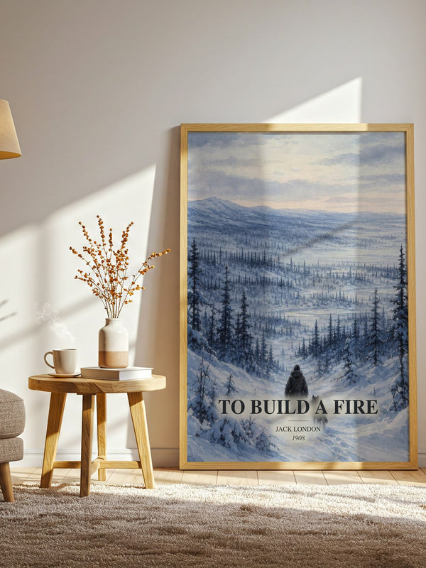 To Build A Fire watercolour print in frame leaning in hallway – adventure wall art