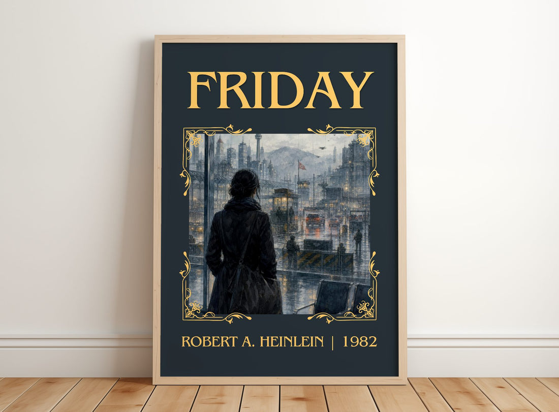 Friday Classic Book Art Print by Robert A. Heinlein – framed print leaning on a wooden floor