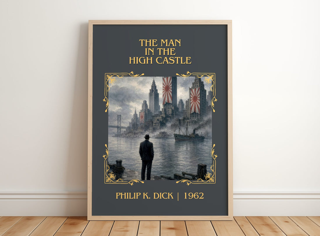 The Man in the High Castle Classic Book Art Print by Philip K. Dick – framed print leaning on a wooden floor