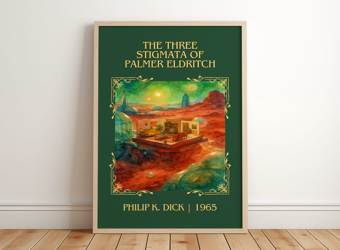 Three Stigmata of Palmer Eldritch Classic Book Art Print by P. Dick – framed print leaning on a wooden floor