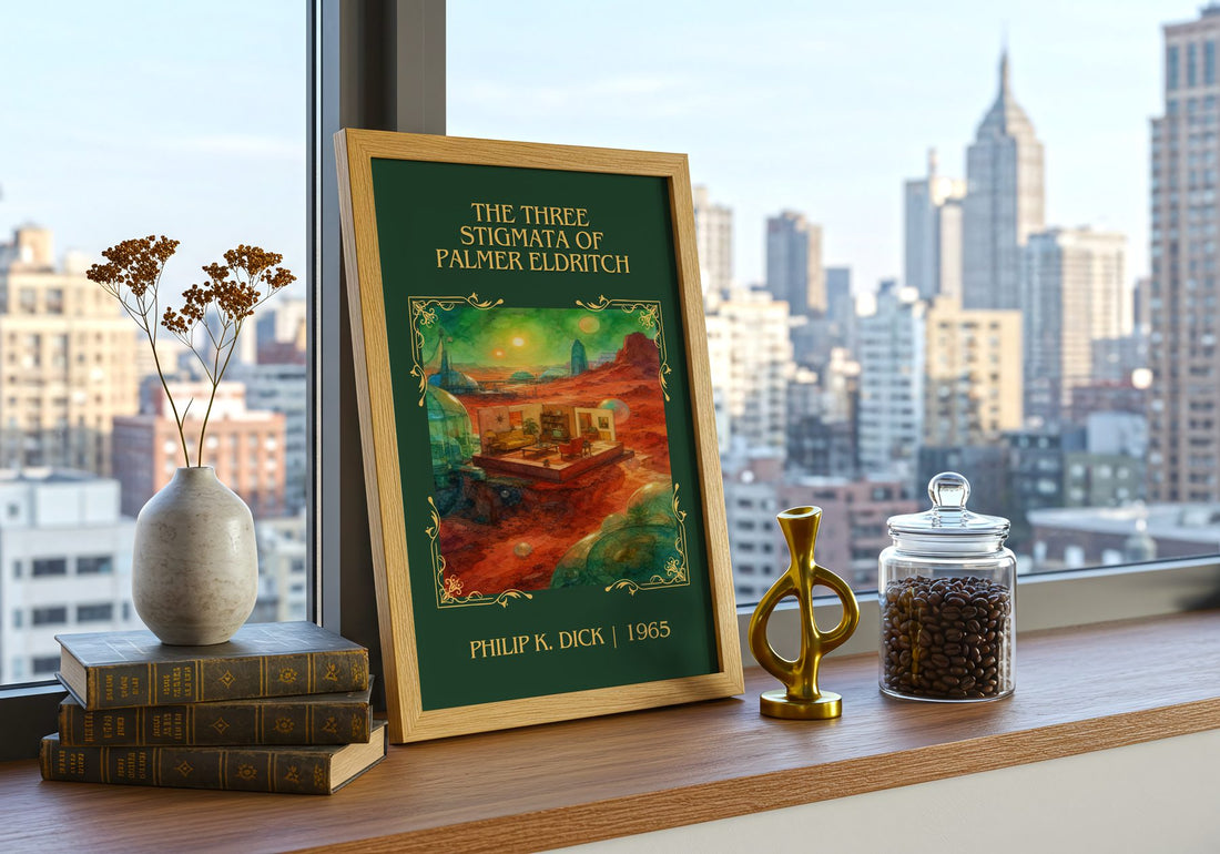 Three Stigmata of Palmer Eldritch Classic Book Art Print by P. Dick – framed print on a city-view windowsill