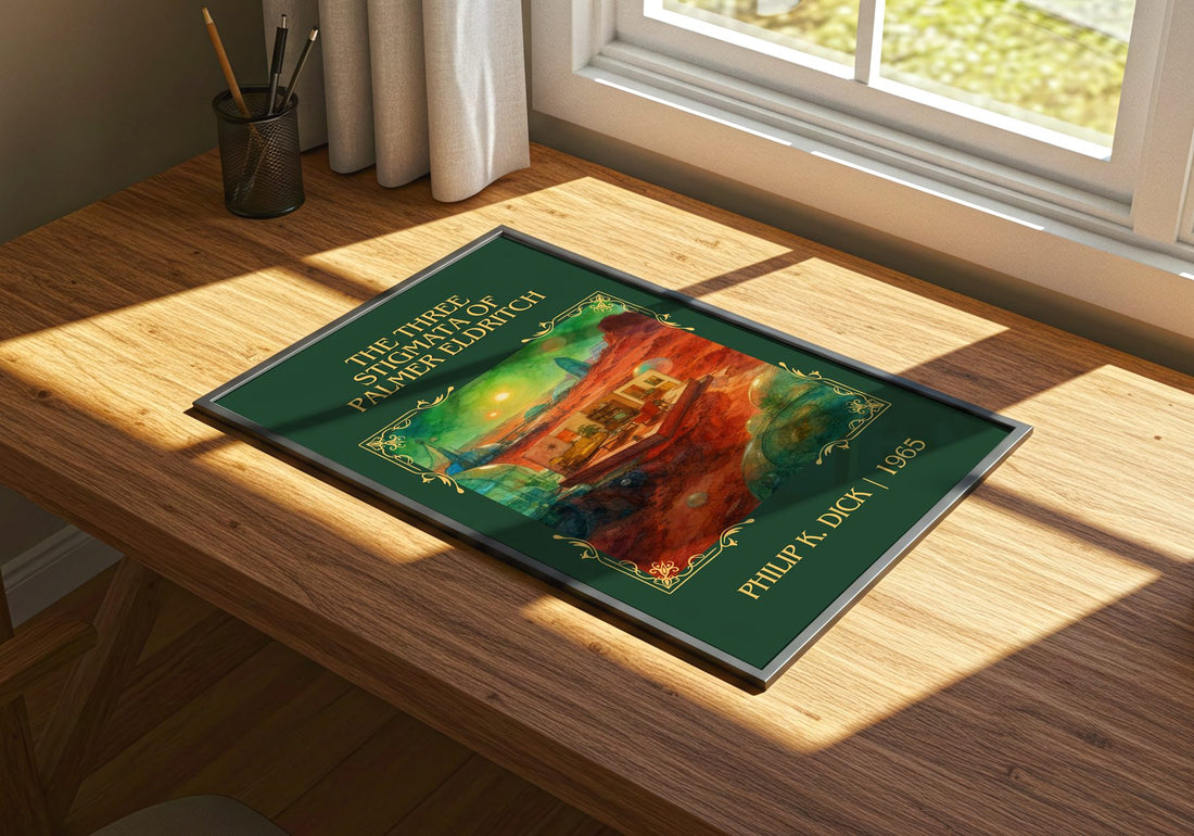 Three Stigmata of Palmer Eldritch Classic Book Art Print by P. Dick – print on a sunlit desk