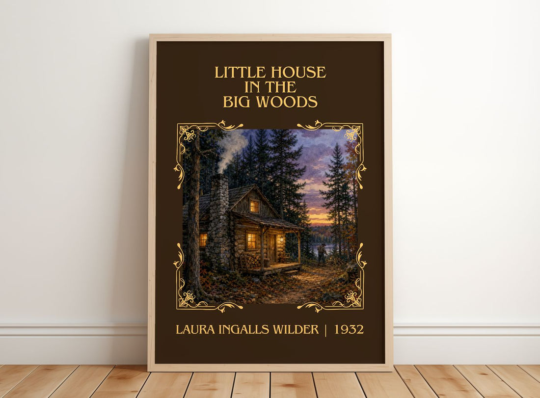 Little House in the Big Woods Classic Book Art Print by L. Wilder – framed print leaning on a wooden floor