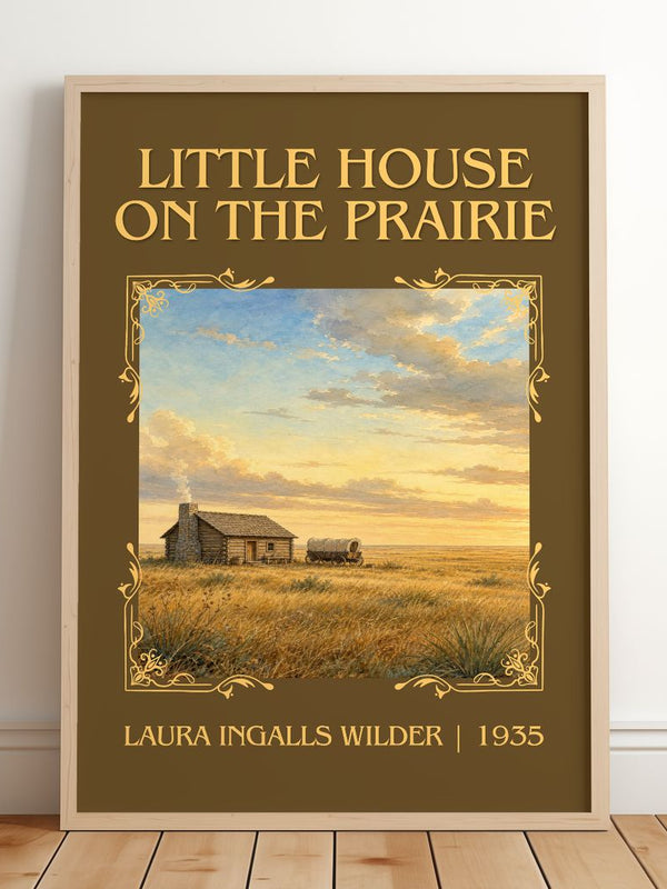 Little House on the Prairie Classic Book Art Print by L. Wilder – framed print leaning on a wooden floor