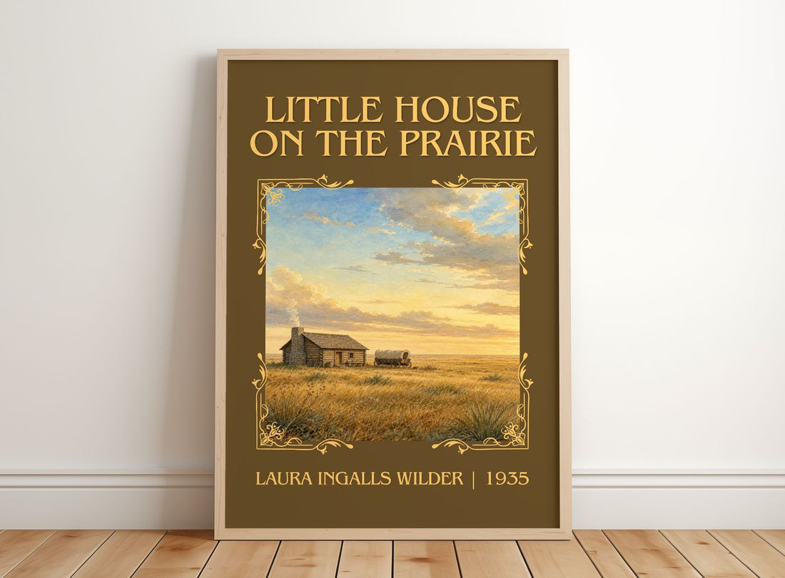Little House on the Prairie Classic Book Art Print by L. Wilder – framed print leaning on a wooden floor