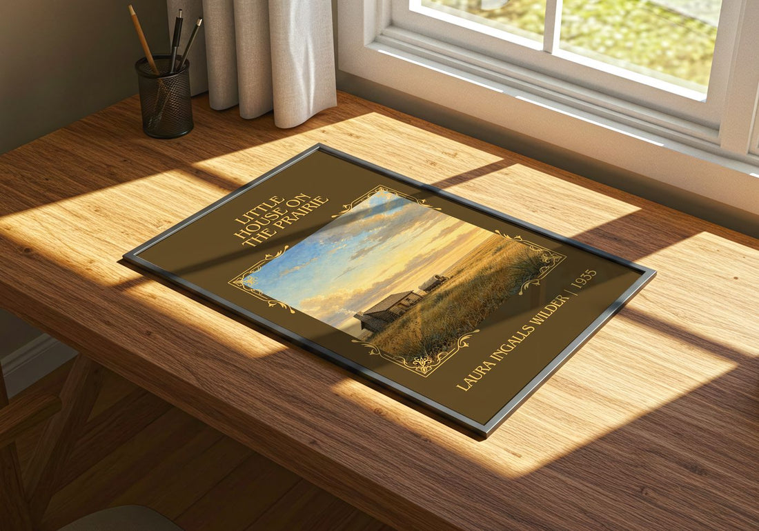 Little House on the Prairie Classic Book Art Print by L. Wilder – print on a sunlit desk