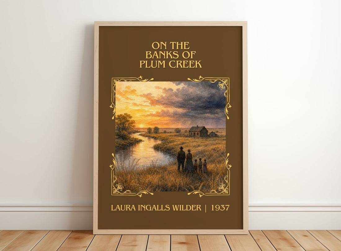 On the Banks of Plum Creek Classic Book Art Print by L. Wilder – framed print leaning on a wooden floor