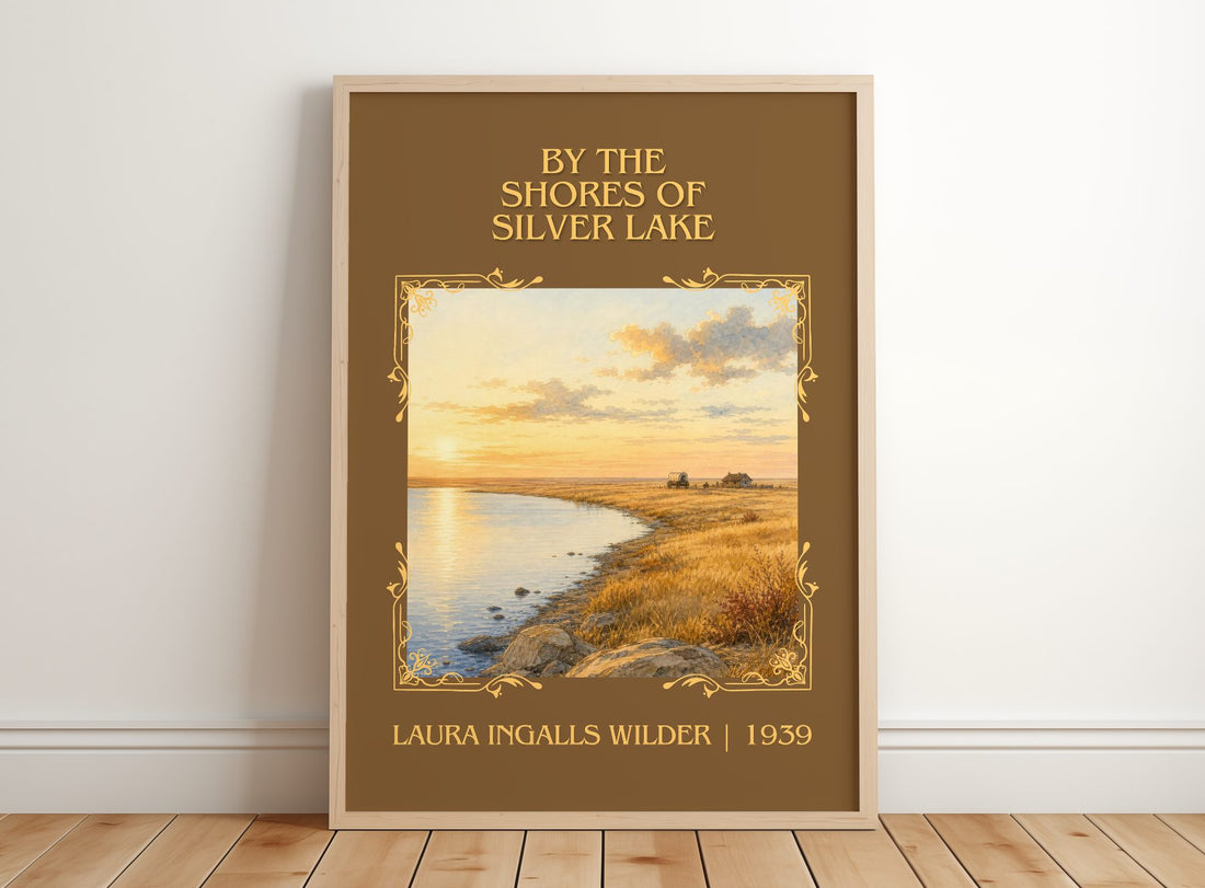 By the Shores of Silver Lake Classic Book Art Print by L. Wilder – framed print leaning on a wooden floor