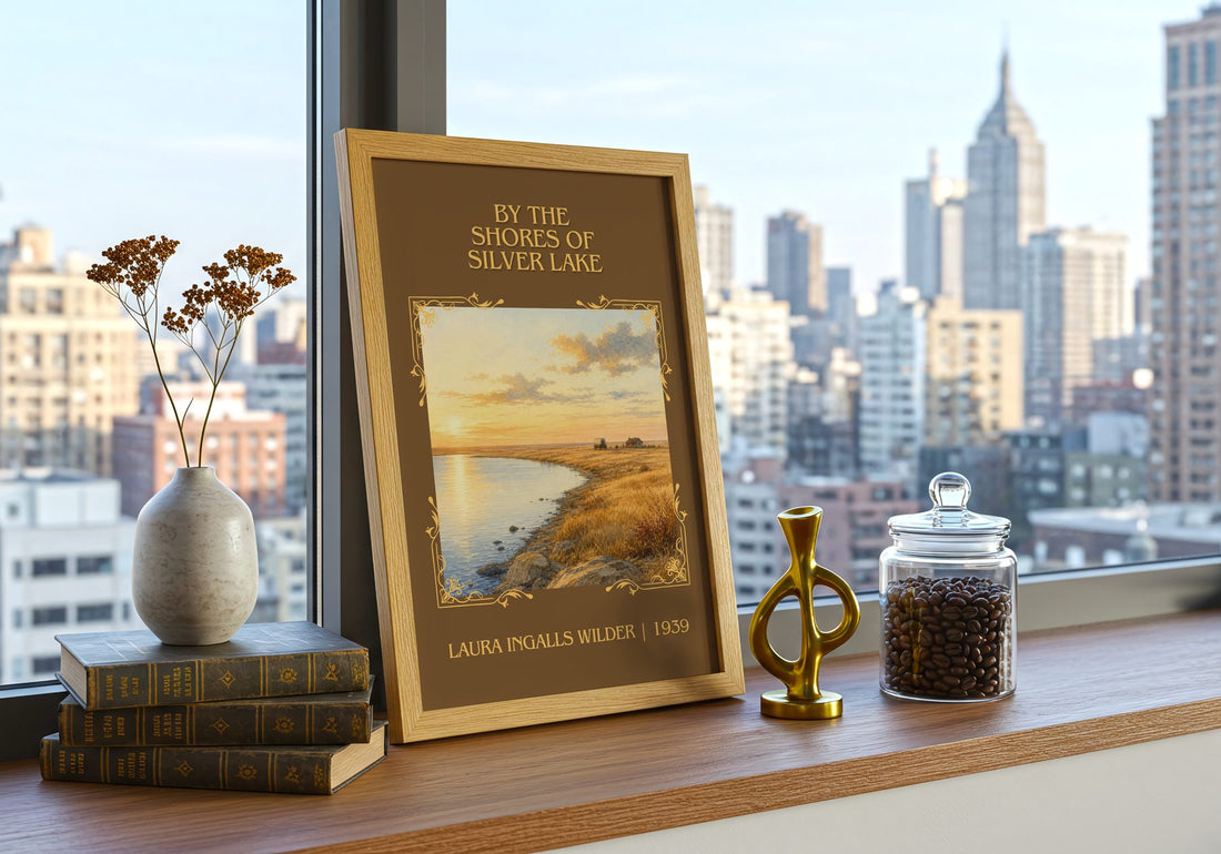 By the Shores of Silver Lake Classic Book Art Print by L. Wilder – framed print on a city-view windowsill