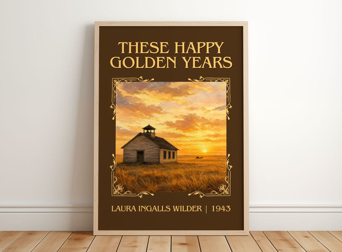 These Happy Golden Years Classic Book Art Print by L. Wilder – framed print leaning on a wooden floor