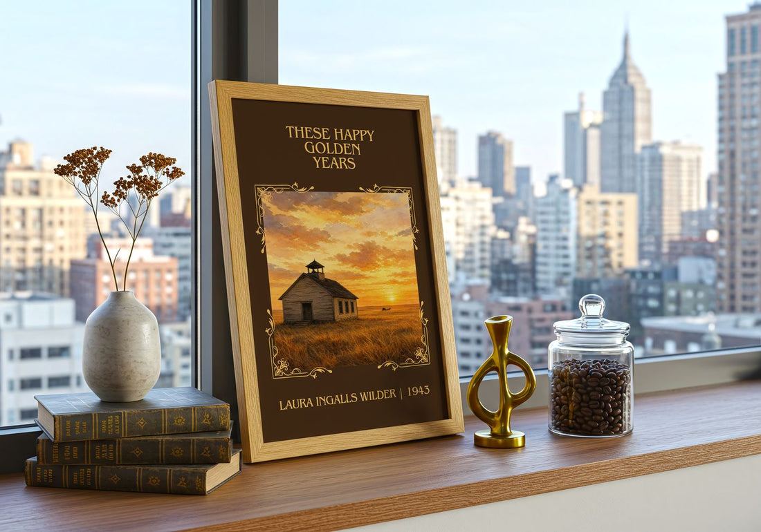 These Happy Golden Years Classic Book Art Print by L. Wilder – framed print on a city-view windowsill
