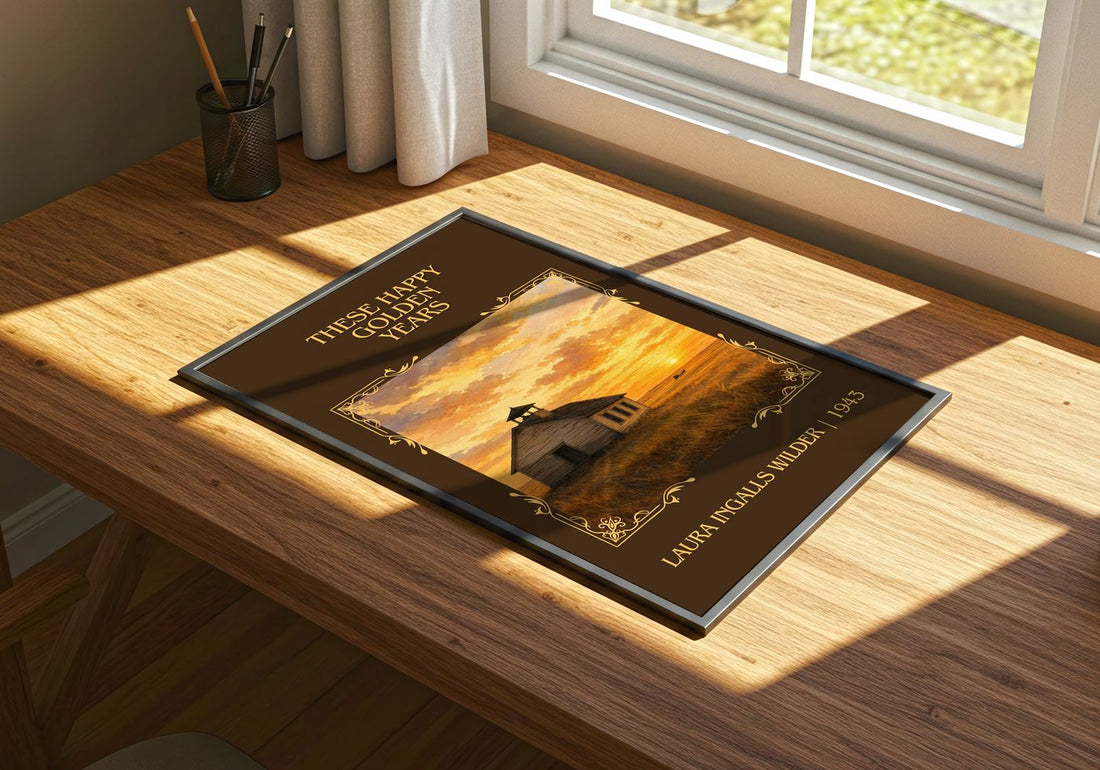 These Happy Golden Years Classic Book Art Print by L. Wilder – print on a sunlit desk