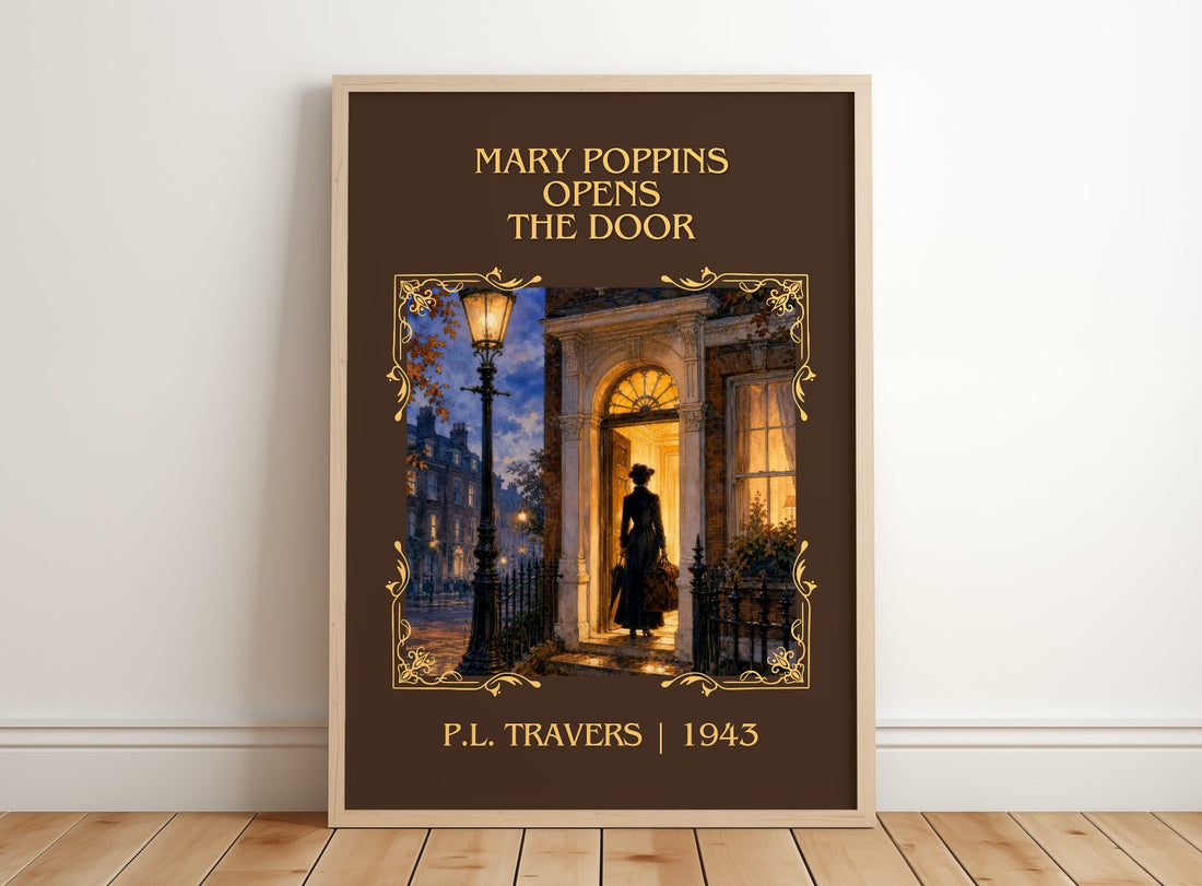 Mary Poppins Opens the Door Classic Book Art Print by P.L. Travers – framed print leaning on a wooden floor