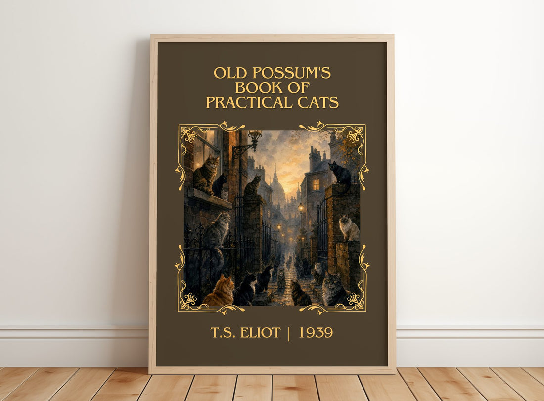 Old Possum's Book of Practical Cats Classic Book Art Print by T. Eliot – framed print leaning on a wooden floor