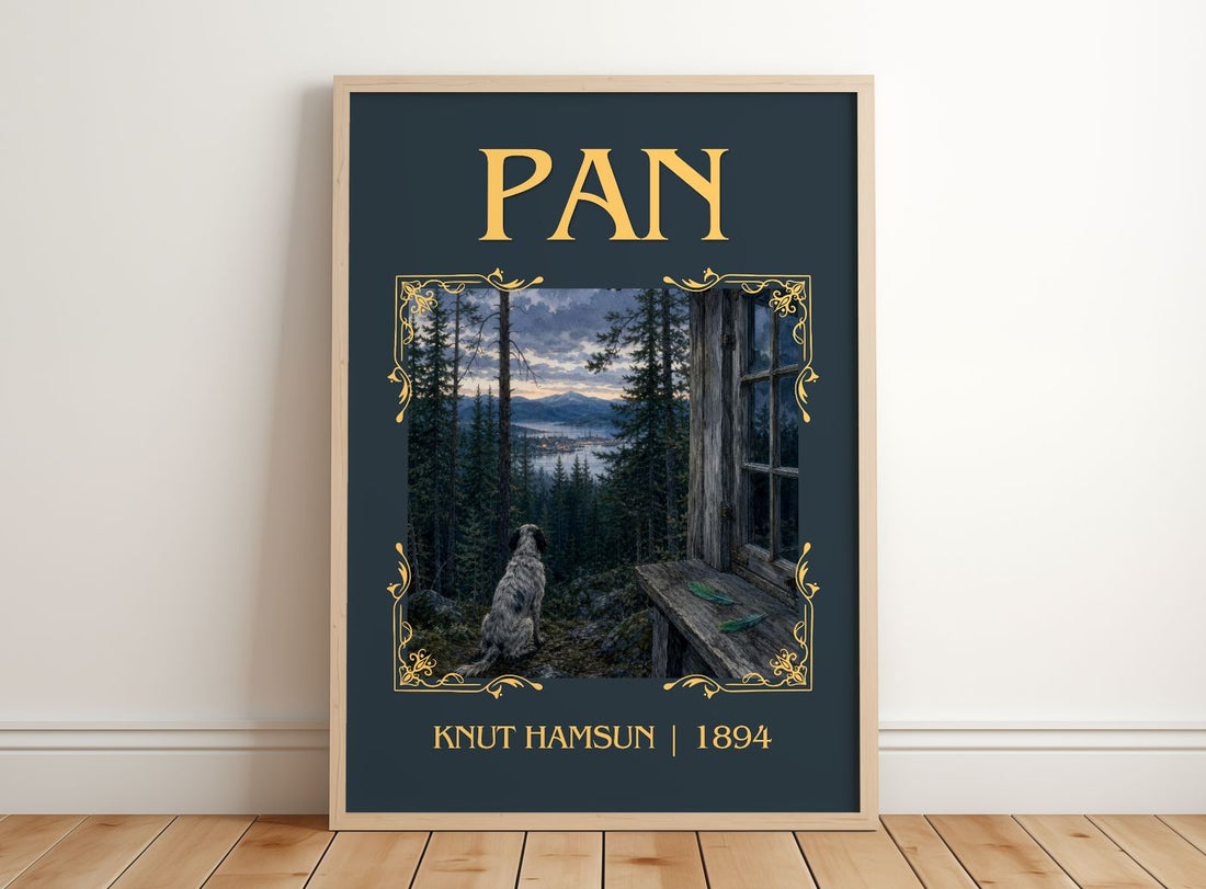 Pan Classic Book Art Print by Knut Hamsun – framed print leaning on a wooden floor