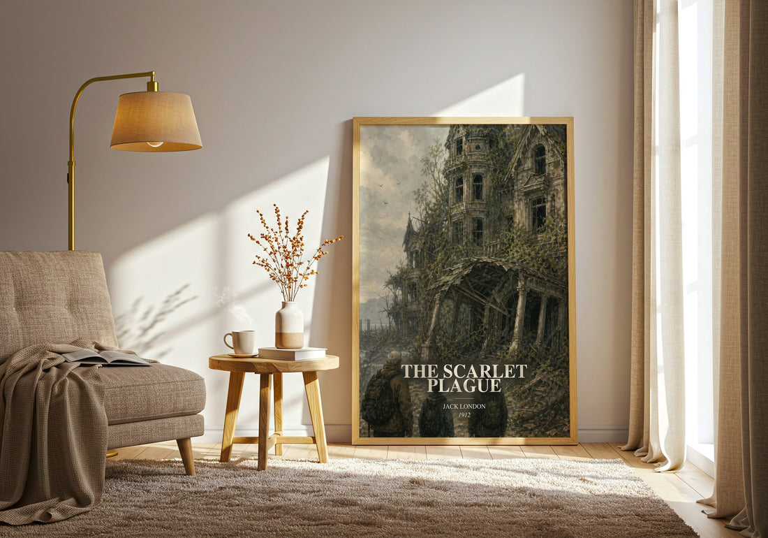 The Scarlet Plague watercolour print in frame leaning in hallway – sci fi wall art (mockup)