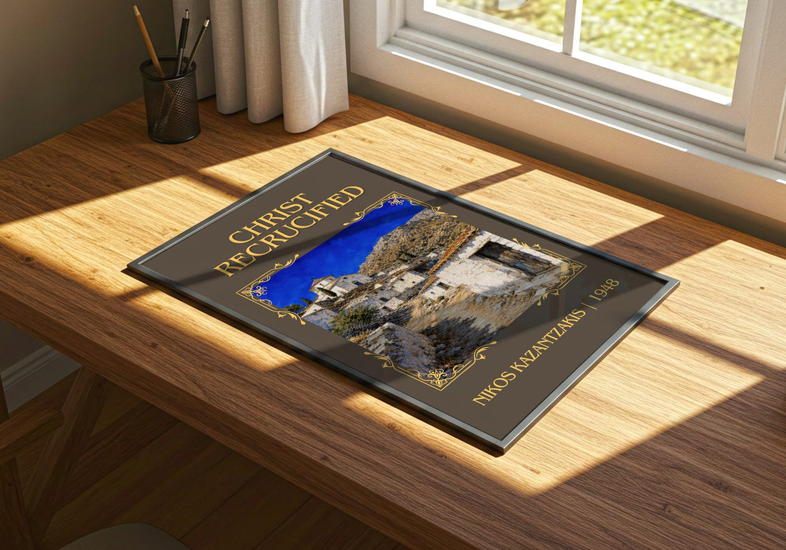 Christ Recrucified Classic Book Art Print by Nikos Kazantzakis – print on a sunlit desk
