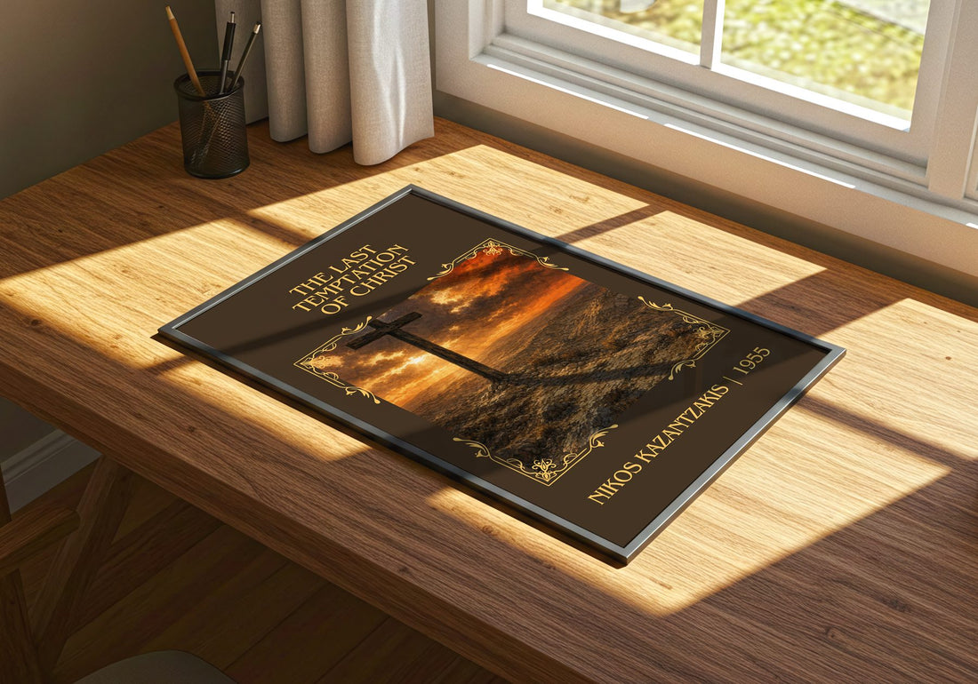 Last Temptation of Christ Classic Book Art Print by Nikos Kazantzakis – print on a sunlit desk