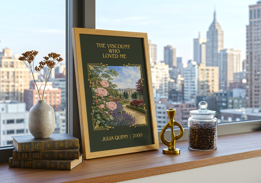 The Viscount Who Loved Me Classic Book Art Print by Julia Quinn – framed print on a city-view windowsill
