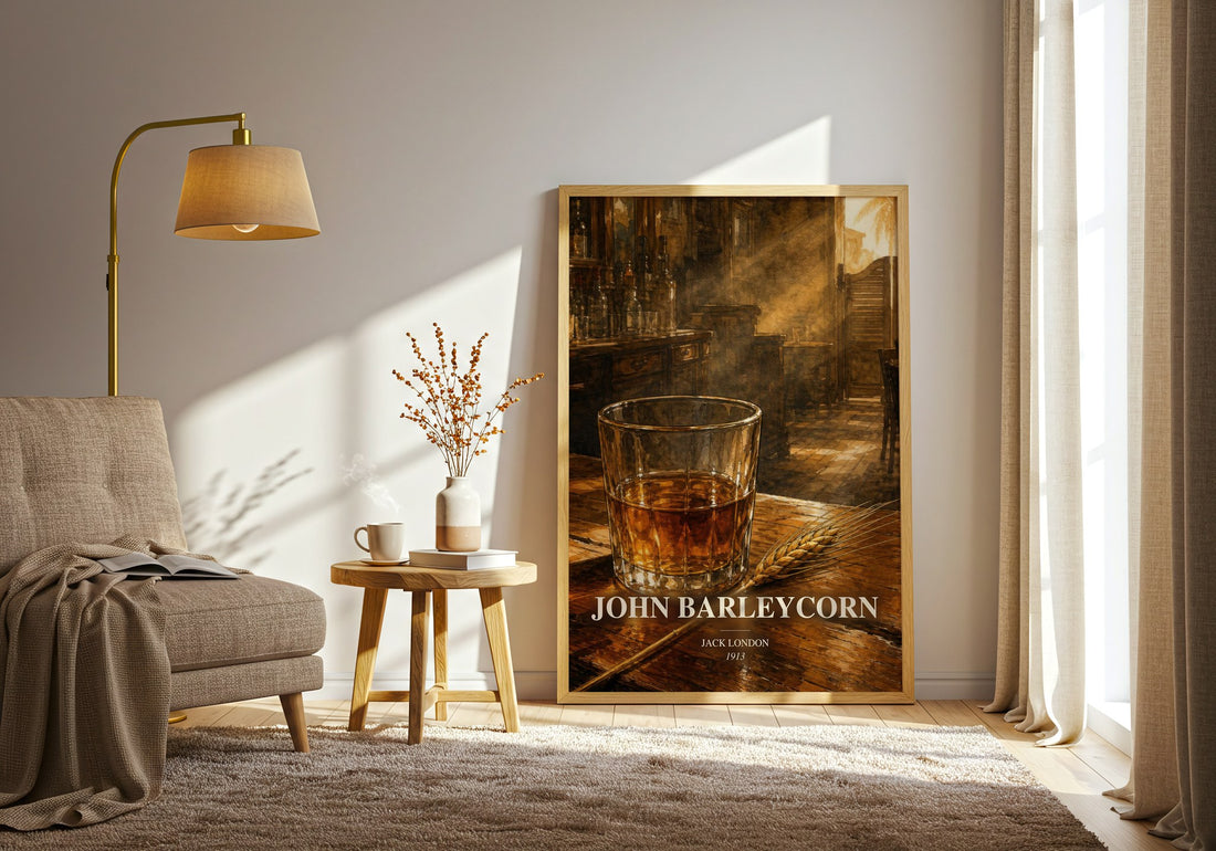 John Barleycorn watercolour print in frame leaning in hallway – memoir wall art (mockup)