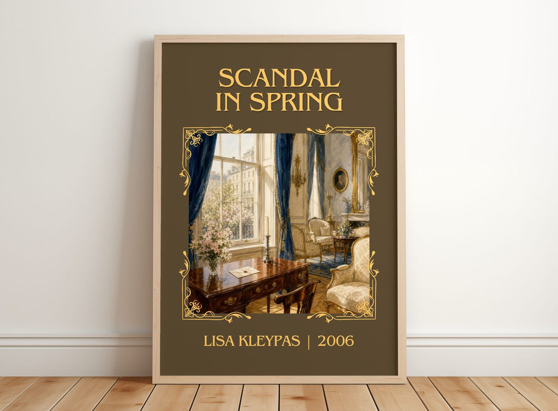 Scandal in Spring Classic Book Art Print by Lisa Kleypas – framed print leaning on a wooden floor