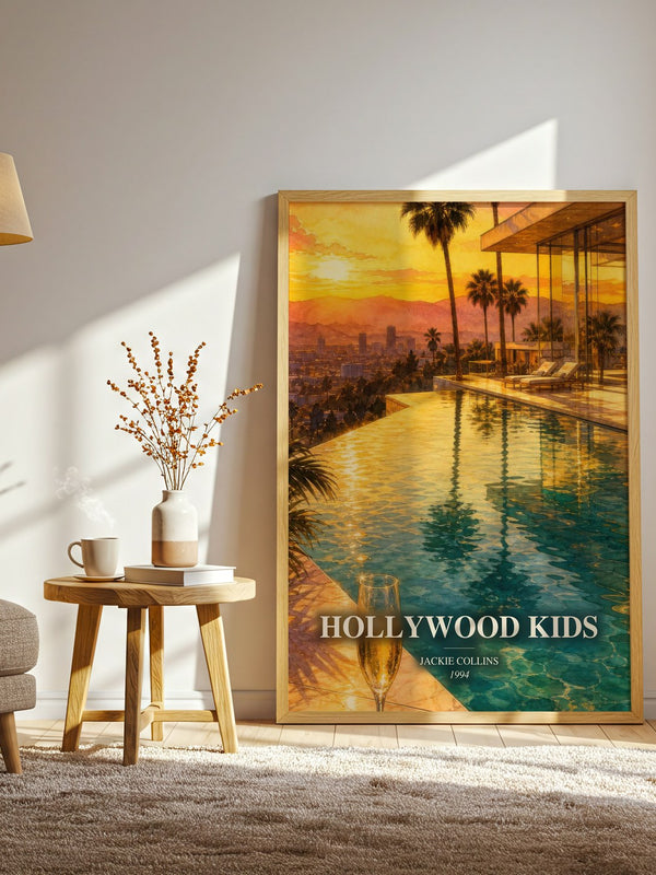 Hollywood Kids watercolour print in frame leaning in hallway – contemporary fiction wall art