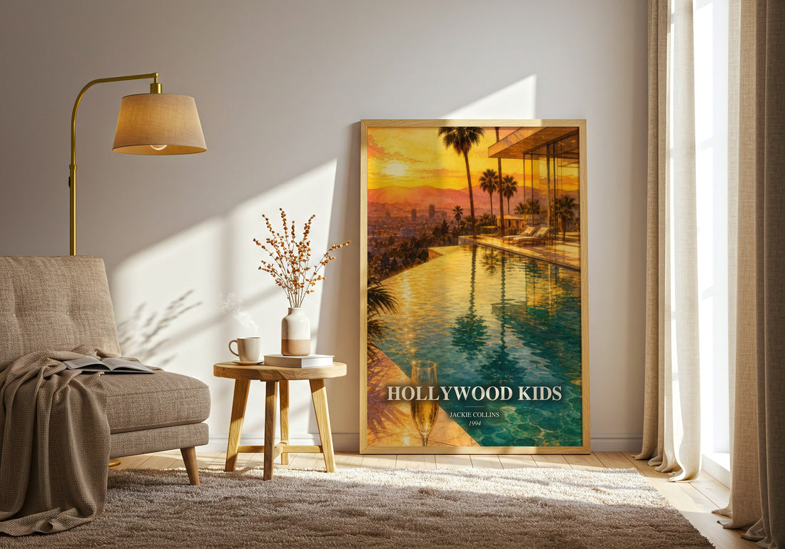 Hollywood Kids watercolour print in frame leaning in hallway – contemporary fiction wall art (mockup)