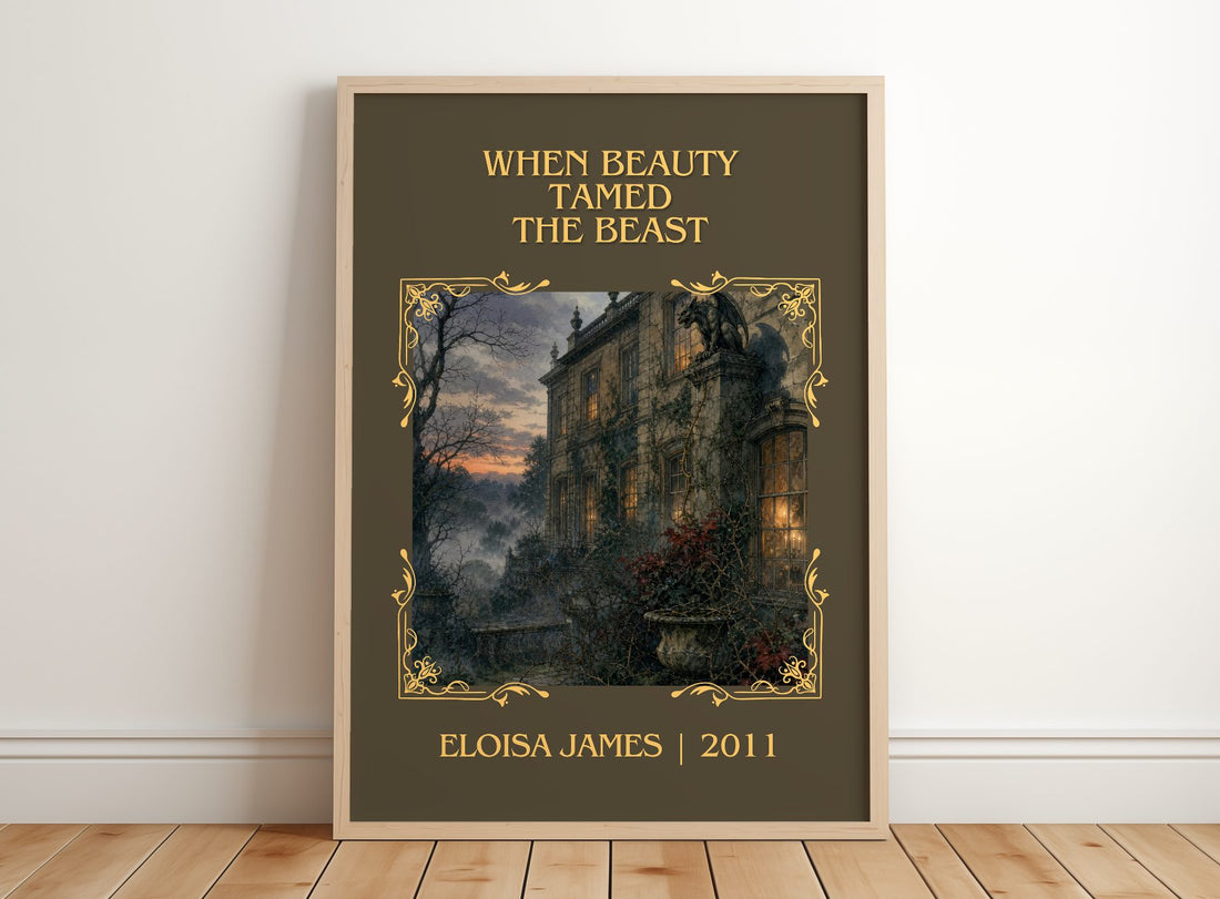 When Beauty Tamed the Beast Classic Book Art Print by Eloisa James – framed print leaning on a wooden floor