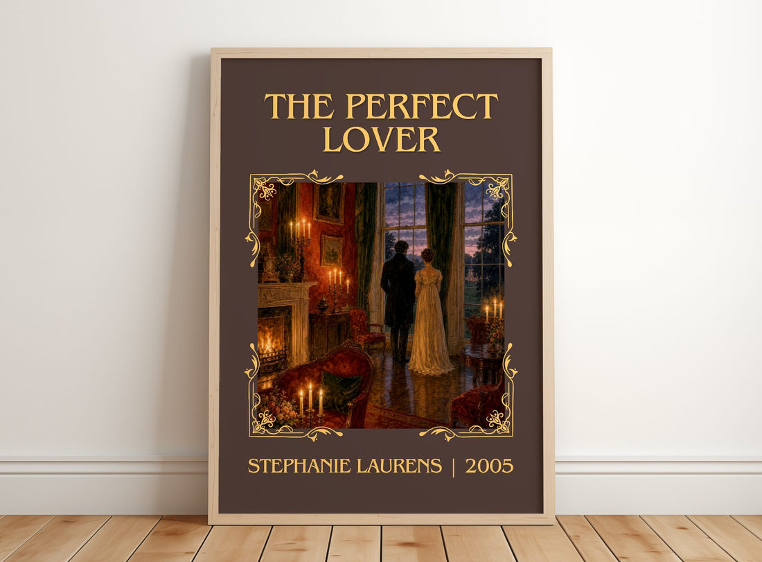 The Perfect Lover Classic Book Art Print by Stephanie Laurens – framed print leaning on a wooden floor