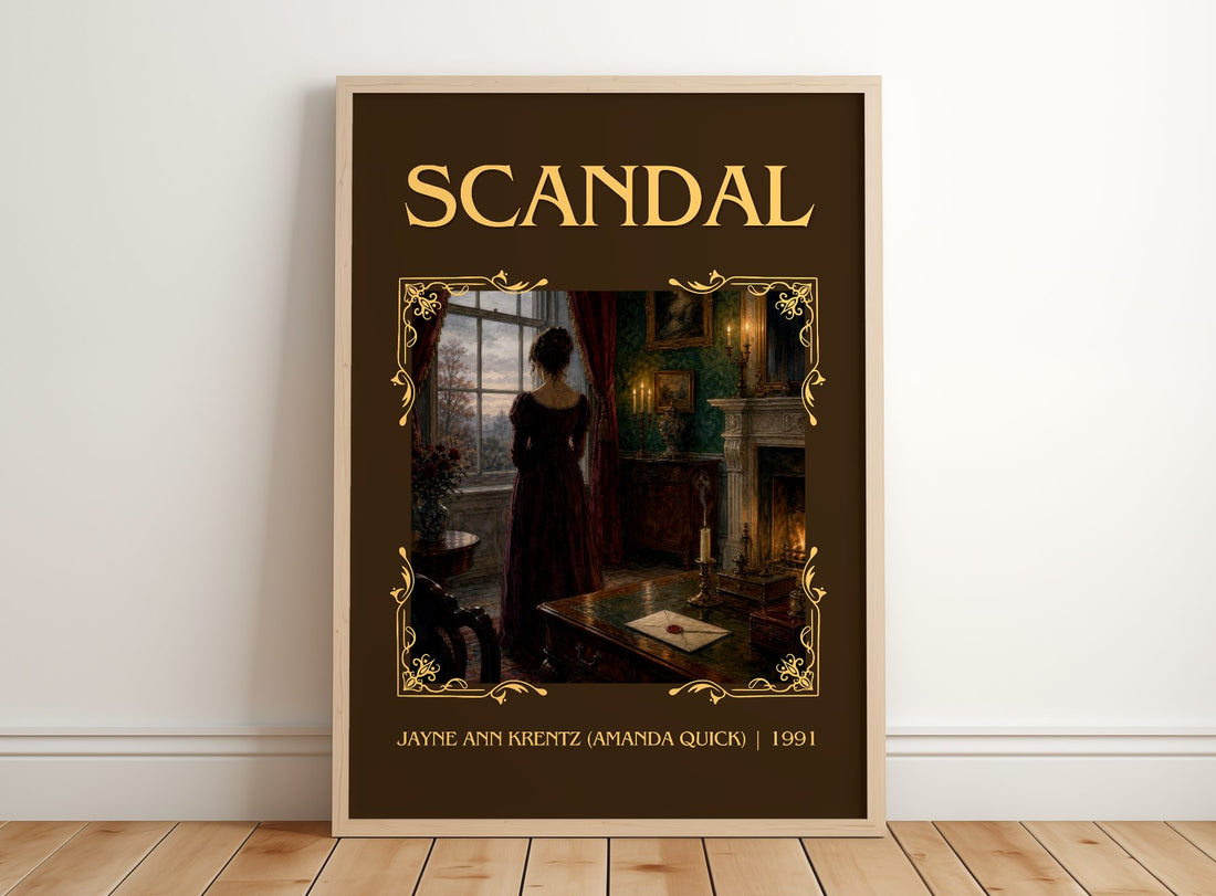 Scandal Classic Book Art Print by Jayne Ann Krentz (Amanda Quick) – framed print leaning on a wooden floor
