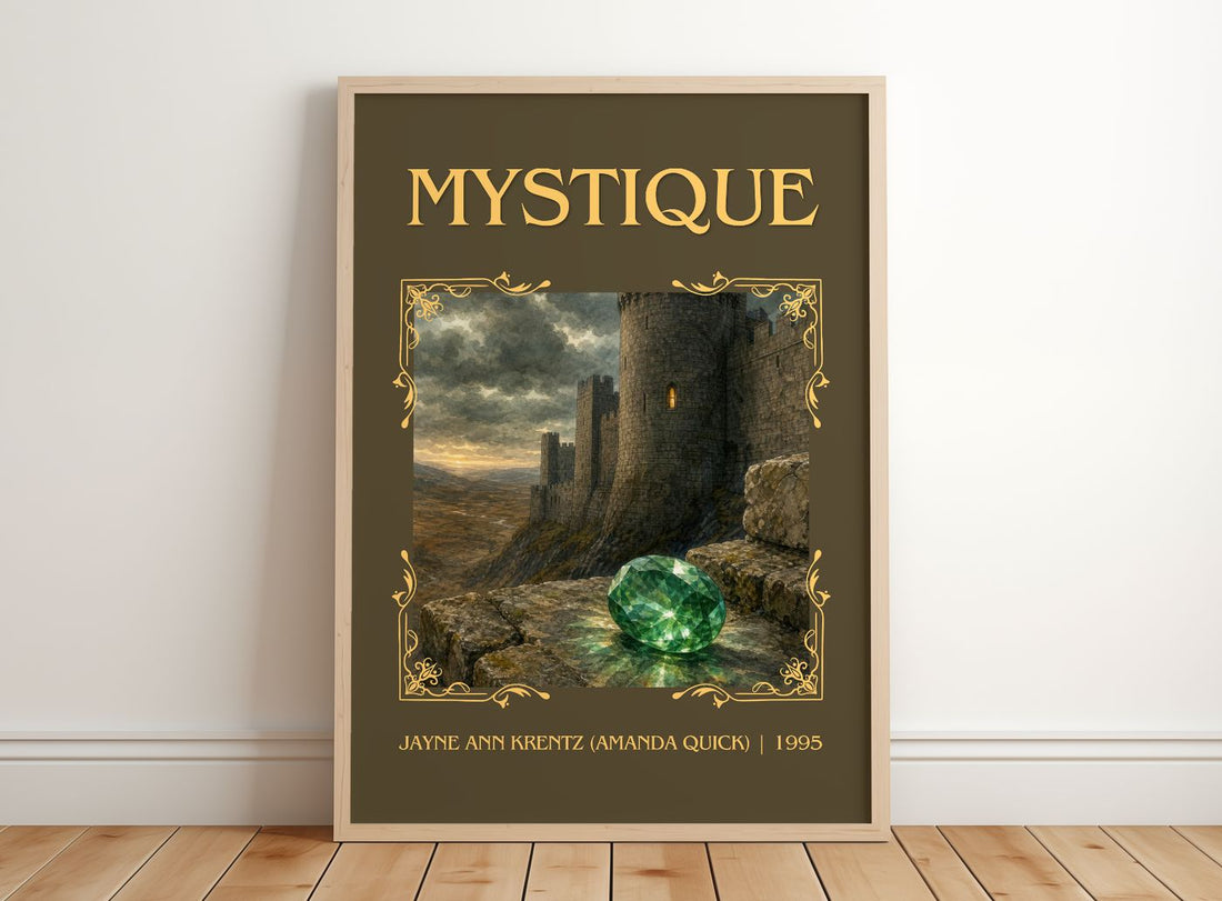 Mystique Classic Book Art Print by Jayne Ann Krentz (Amanda Quick) – framed print leaning on a wooden floor