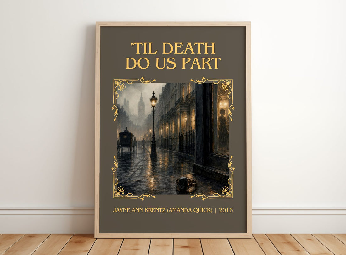 'Til Death Do Us Part Classic Book Art Print by J. Quick) – framed print leaning on a wooden floor