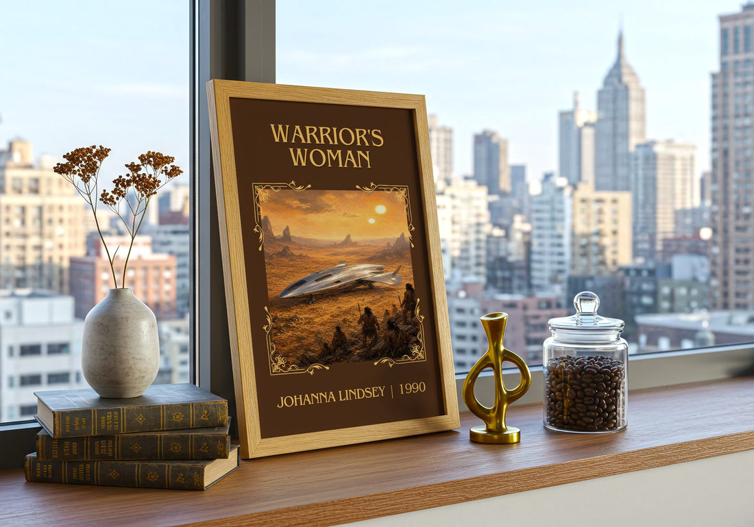 Warrior's Woman Classic Book Art Print by Johanna Lindsey – framed print on a city-view windowsill