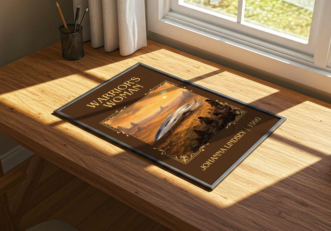 Warrior's Woman Classic Book Art Print by Johanna Lindsey – print on a sunlit desk