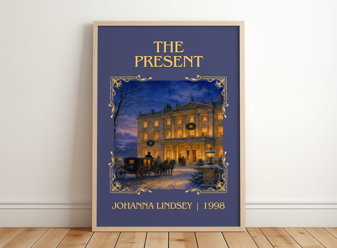 The Present Classic Book Art Print by Johanna Lindsey – framed print leaning on a wooden floor