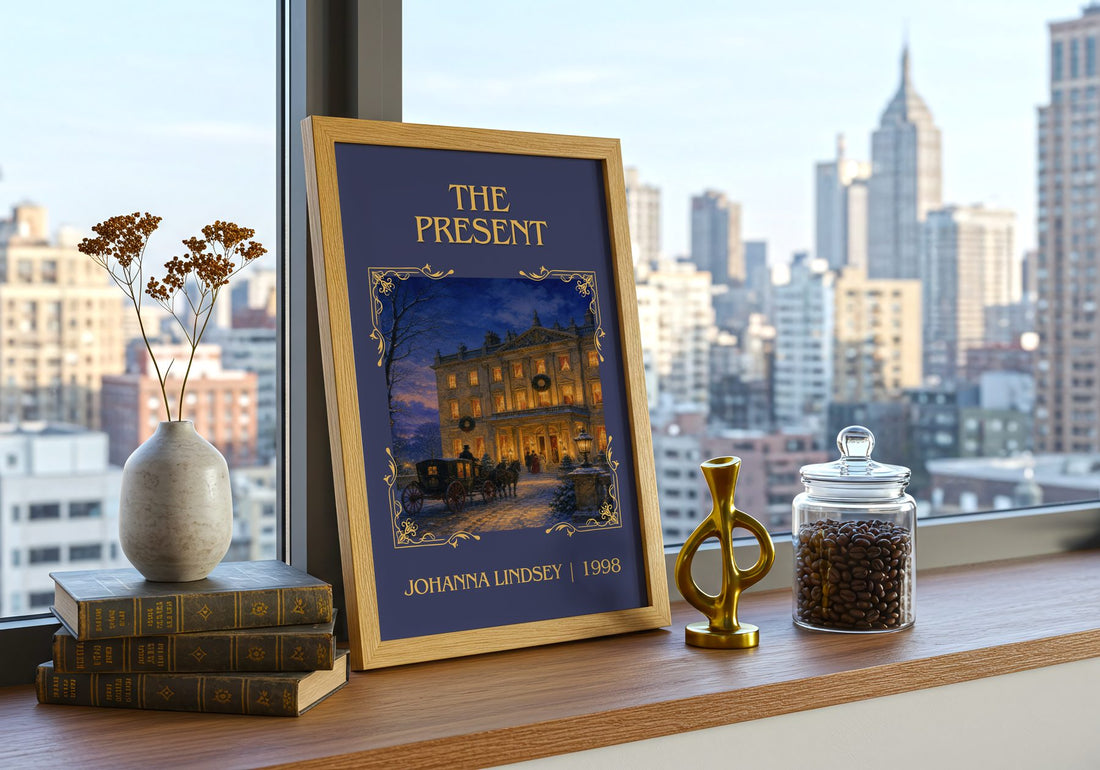 The Present Classic Book Art Print by Johanna Lindsey – framed print on a city-view windowsill