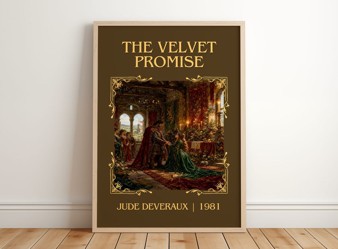 The Velvet Promise Classic Book Art Print by Jude Deveraux – framed print leaning on a wooden floor